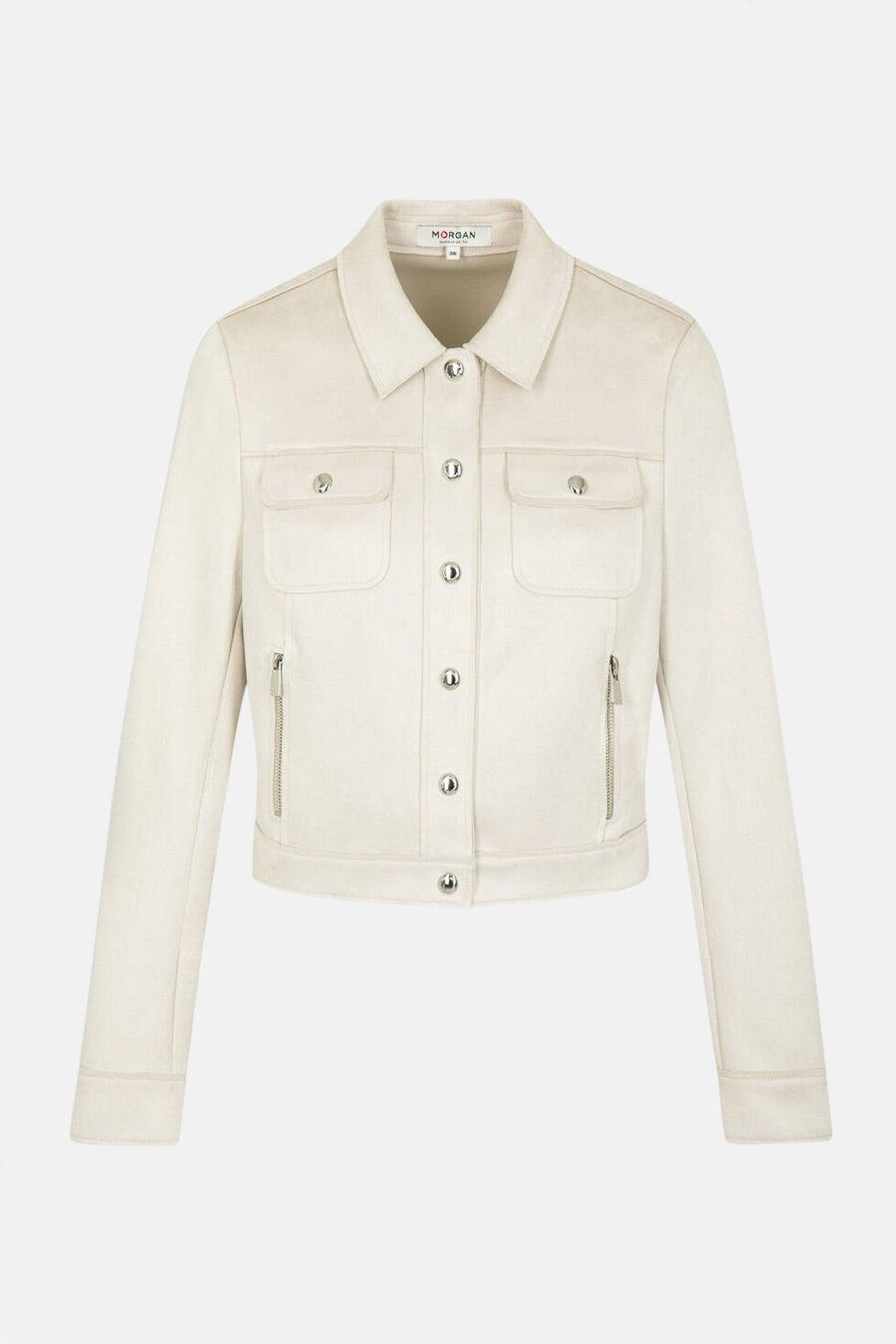 Veste courte beige de Morgan de Toi, avec poches à rabat et fermeture boutonnée métallique.