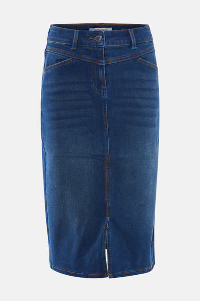 Jupe 3/4 en denim bleu moyen de Morgan de Toi, avec une fente centrale et des coutures apparentes.