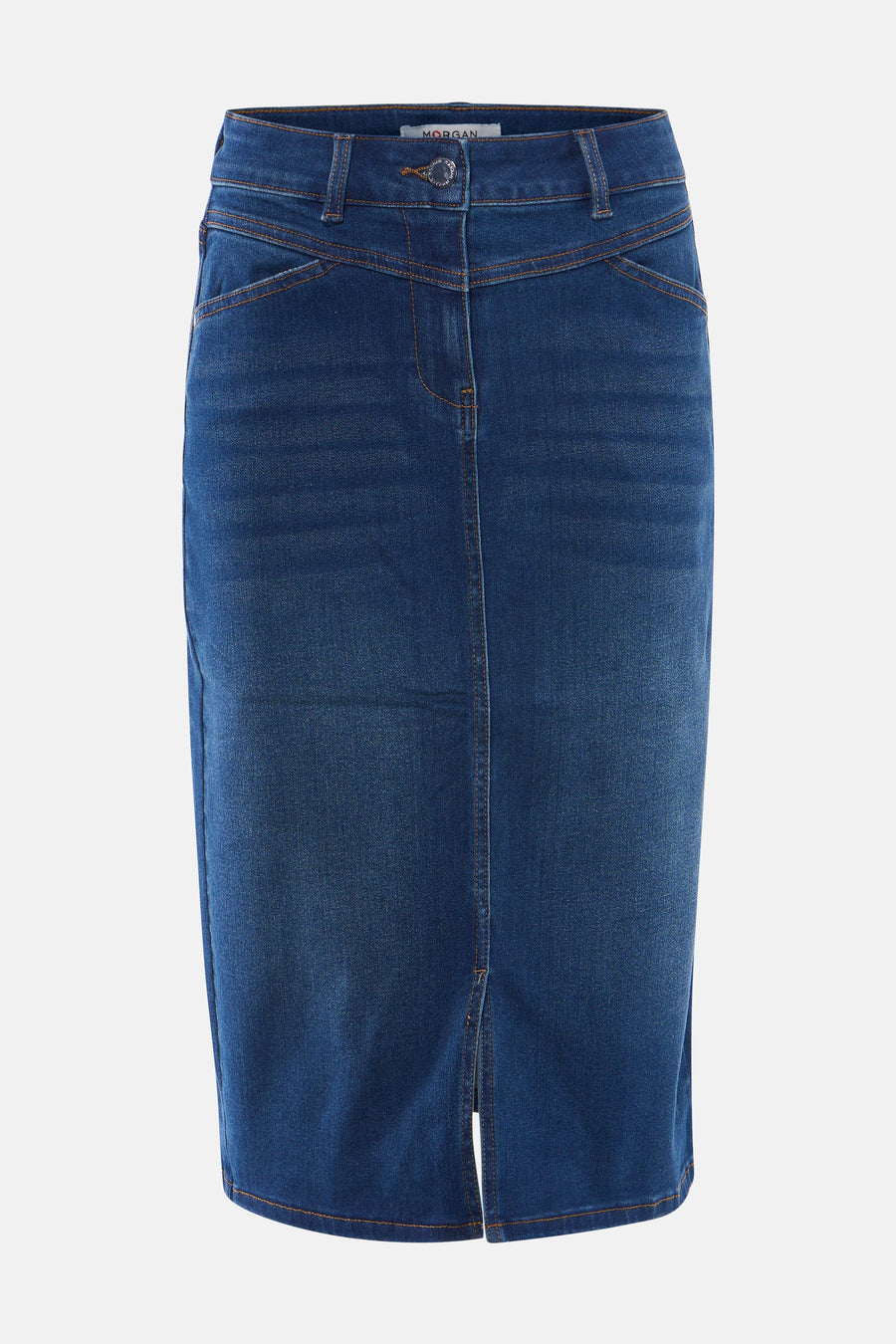 Jupe 3/4 en denim bleu moyen de Morgan de Toi, avec une fente centrale et des coutures apparentes.