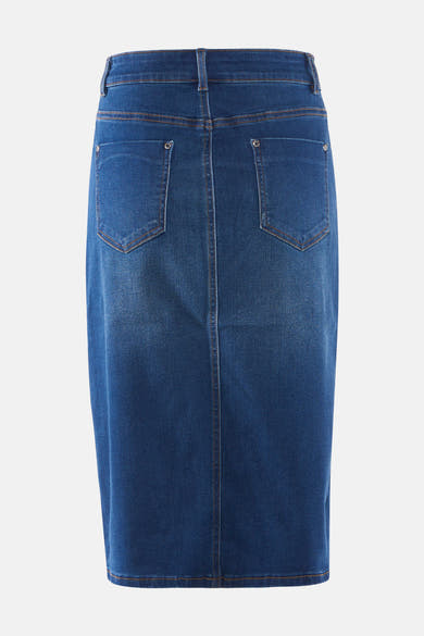 Jupe midi en denim bleu, de Morgan de Toi, avec poches arrière et coupe crayon.