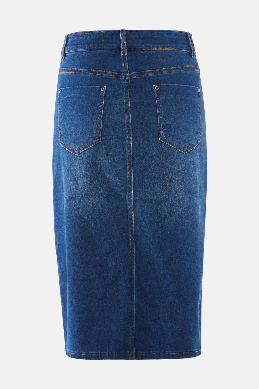 Jupe midi en denim bleu, de Morgan de Toi, avec poches arrière et coupe crayon.