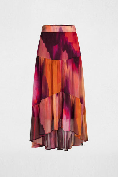 Jupe 3/4 multicolore de Morgan de Toi avec motif abstrait et ourlet asymétrique.