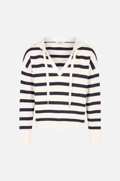 Pull à capuche blanc de Morgan de Toi, à rayures marine et capuche avec cordon de serrage.
