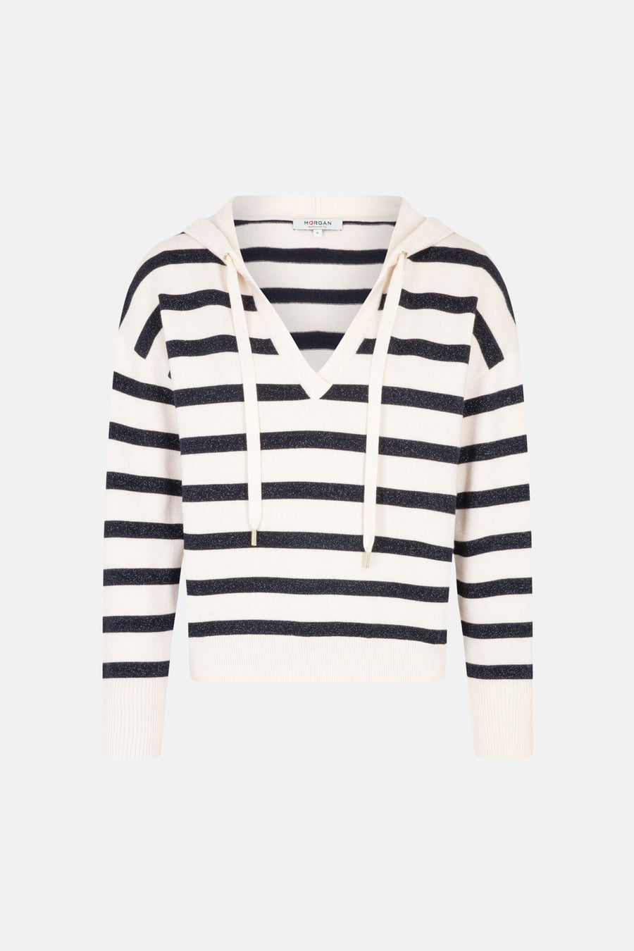 Pull à capuche blanc de Morgan de Toi, à rayures marine et capuche avec cordon de serrage.
