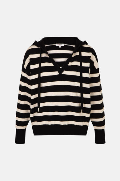 Pull à capuche rayé en tricot de Morgan de Toi, avec des cordons de serrage noirs et une encolure en V.
