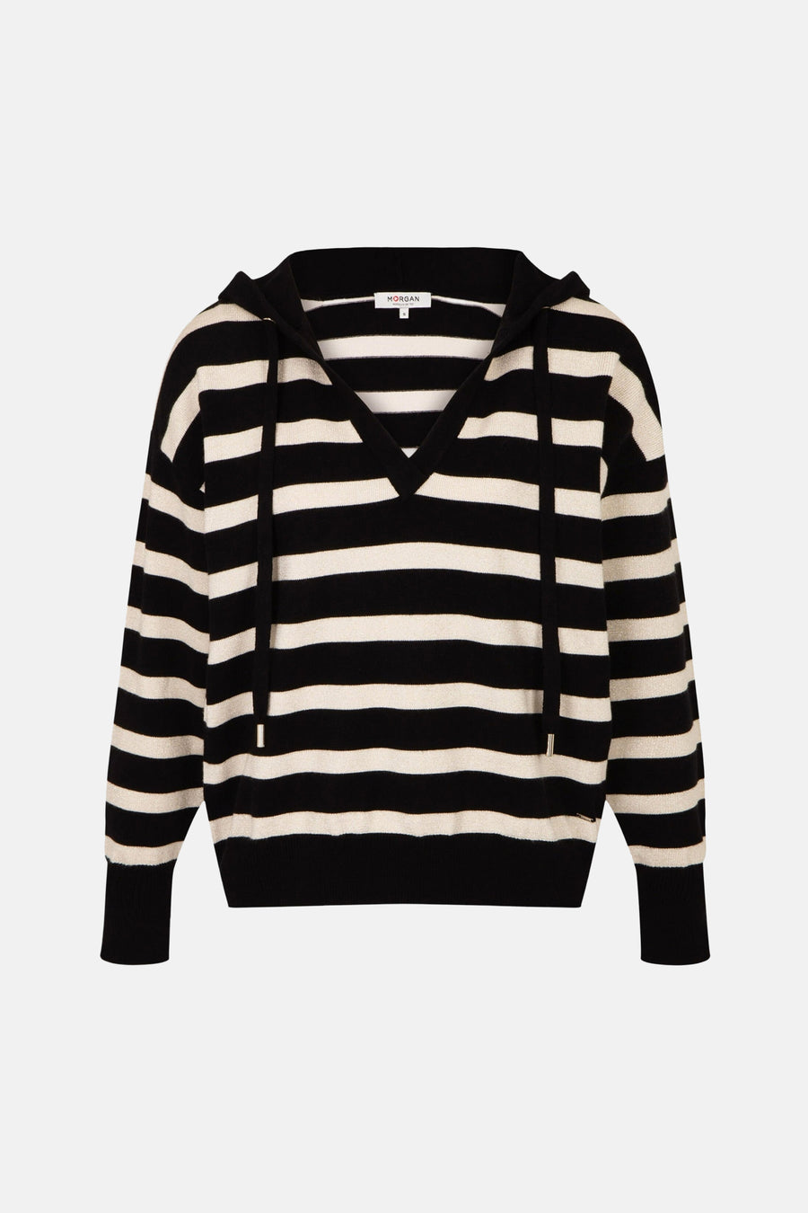 Pull à capuche rayé en tricot de Morgan de Toi, avec des cordons de serrage noirs et une encolure en V.
