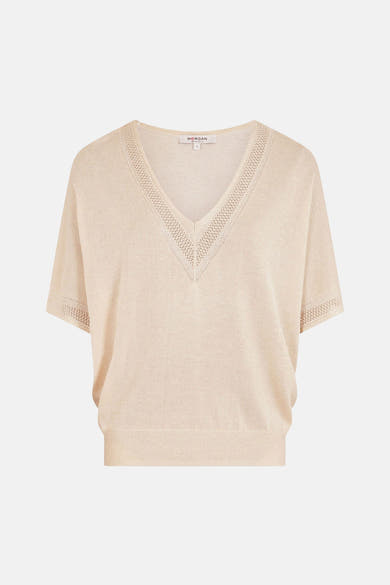 Beige T-shirt met korte mouwen van Morgan de Toi met V-hals en uitgesneden details.