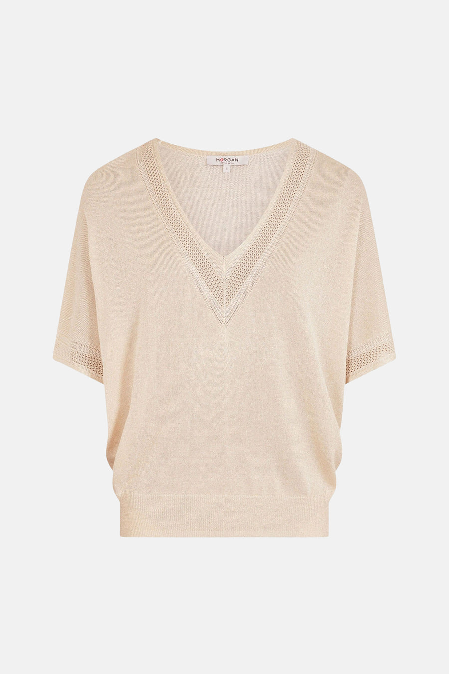 Beige T-shirt met korte mouwen van Morgan de Toi met V-hals en uitgesneden details.