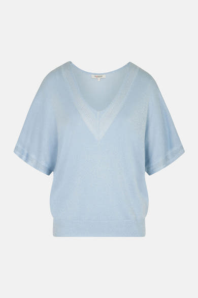 Blauw T-shirt met korte mouwen van Morgan de Toi, met V-hals en ajourafwerking.