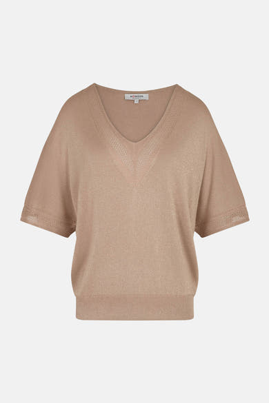 Beige T-shirt met korte mouwen van Morgan, met V-hals en ajourrand.