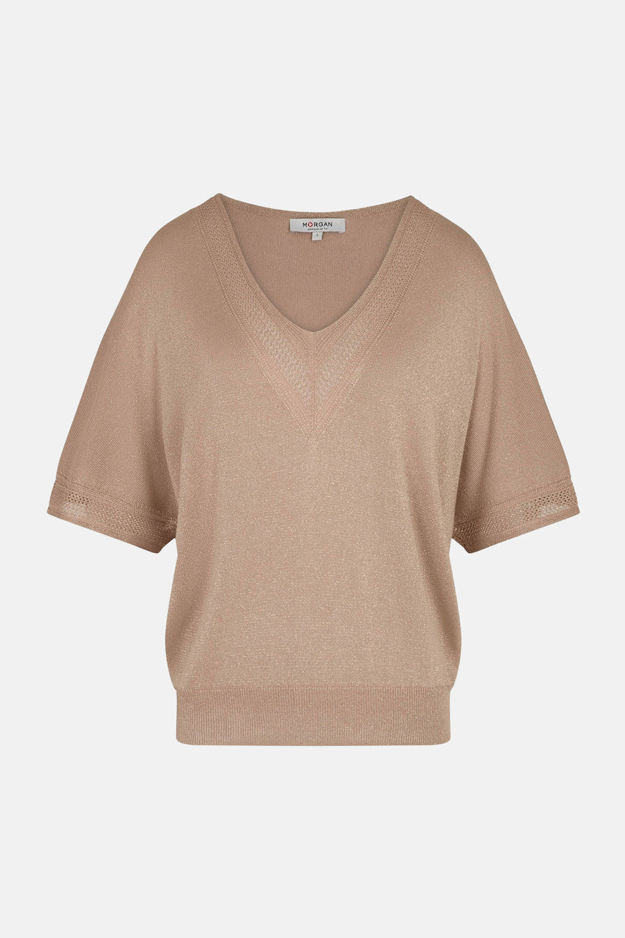 Beige T-shirt met korte mouwen van Morgan, met V-hals en ajourrand.