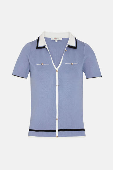 Blauwe gebreide cardigan van Morgan de Toi, met contrasterende witte en zwarte details en gouden knopen.