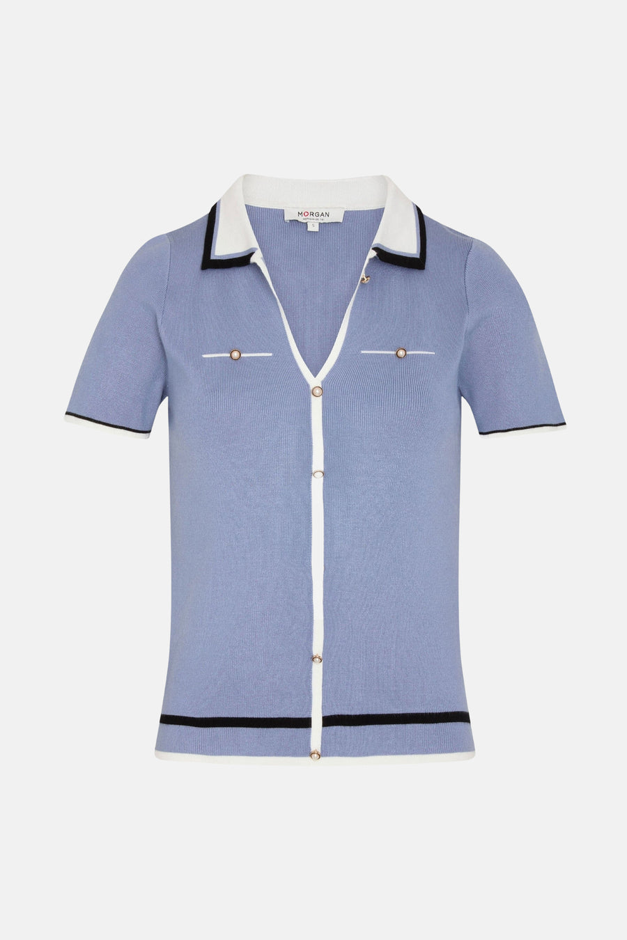 Blauwe gebreide cardigan van Morgan de Toi, met contrasterende witte en zwarte details en gouden knopen.