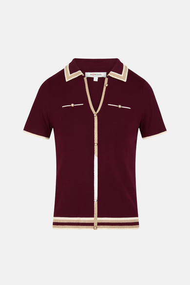 Bordeaux short-sleeve ribbed cardigan by Morgan with cream trim, collar, placket, and button details, front view