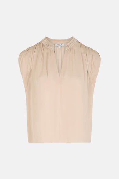 Blouse sans manches beige de Morgan de Toi à col plissé et encolure en V.