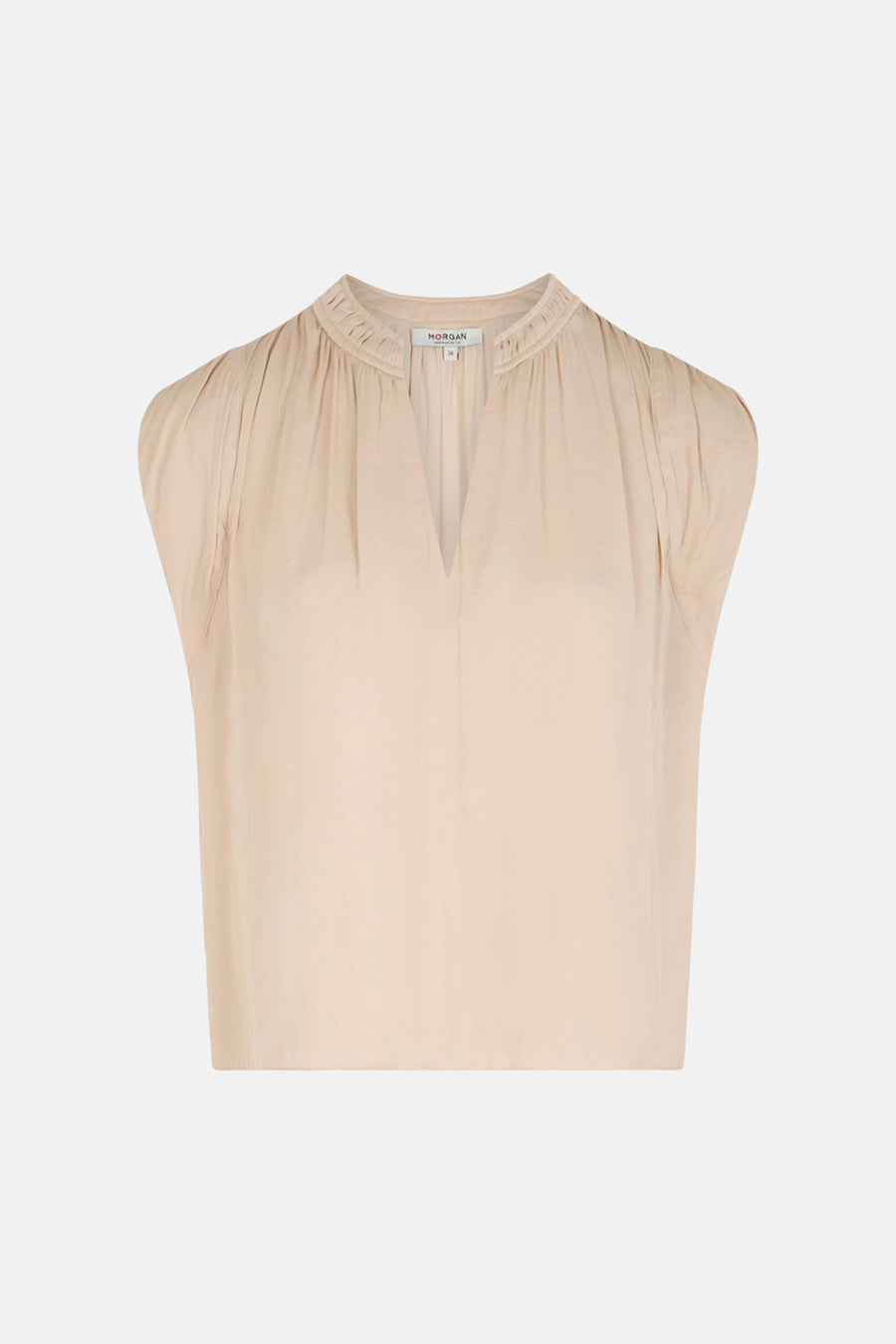 Blouse sans manches beige de Morgan de Toi à col plissé et encolure en V.