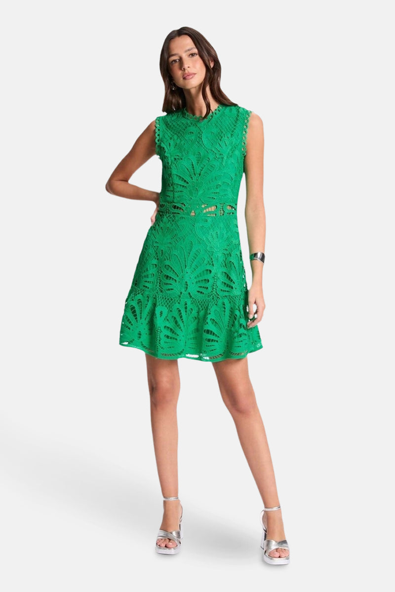 Robe courte verte en dentelle de Morgan de Toi, avec motif floral et chaussures argentées à talons.