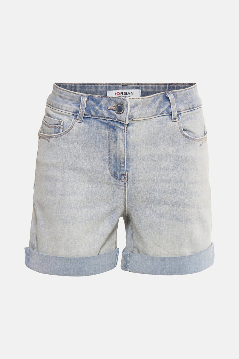 Korte spijkerbroek in lichtblauw denim van Morgan de Toi, met omslag en riemlussen.