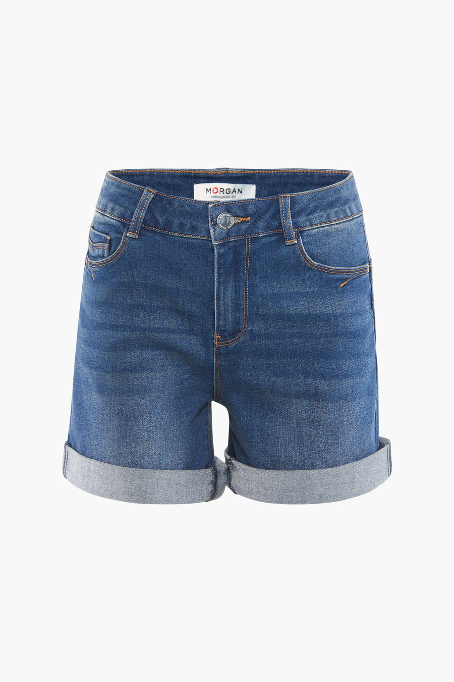Korte blauwe Morgan de Toi, gedragen met een gestreepte trui en zwarte ballerina's.
