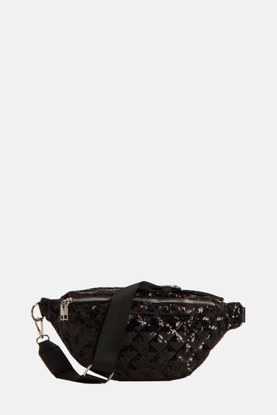 Sac à main noir à paillettes de Morgan de Toi avec bandoulière noire, motif matelassé.