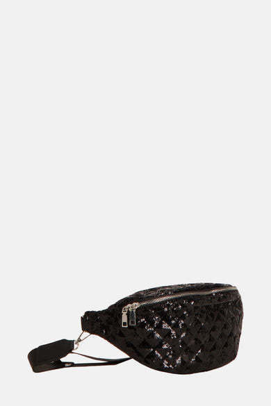 Sac à main noir pailleté de Morgan de Toi avec fermeture éclair argentée et bandoulière ajustable.