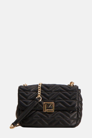 Sac à main noir en similicuir de Morgan de Toi avec motif matelassé à chevrons et chaîne dorée.