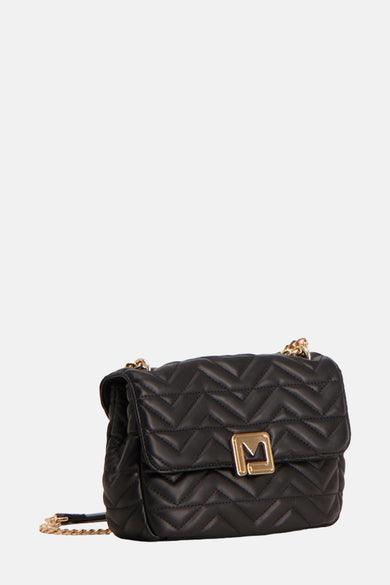 Sac à main noir en similicuir de Morgan de Toi, avec motif à chevrons et bandoulière chaîne dorée.
