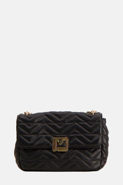 Sac à main noir de Morgan de Toi avec motif à chevrons et logo doré.
