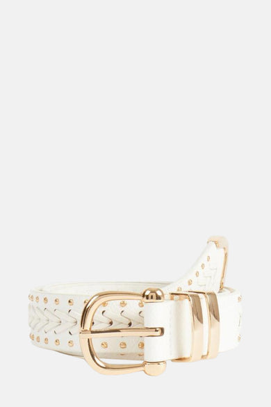Witte riem van imitatieleer van Morgan de Toi, met gouden gesp en studs.