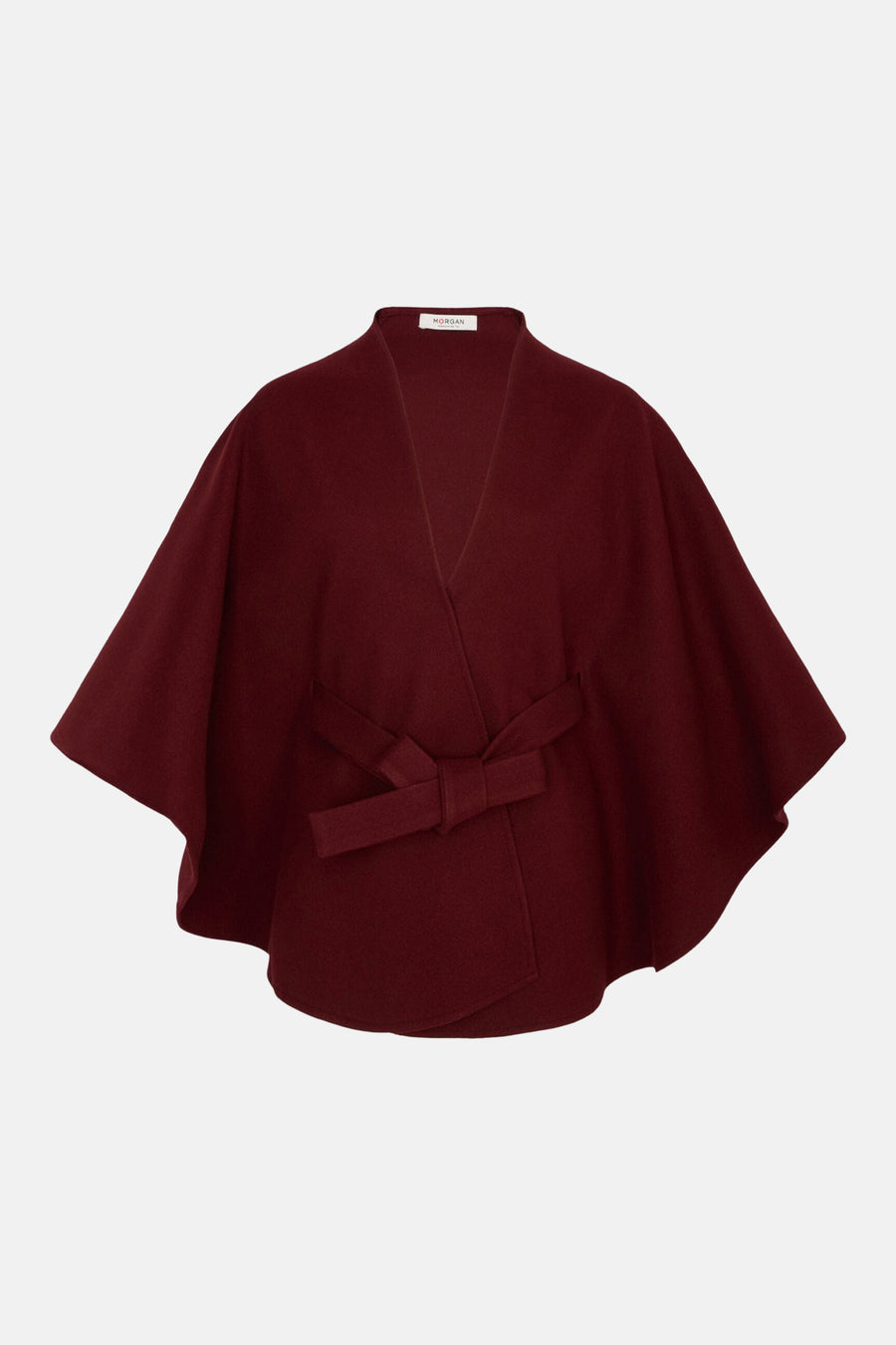 Deep red wool poncho by Morgan with wrap front and matching belt, shown from front view.