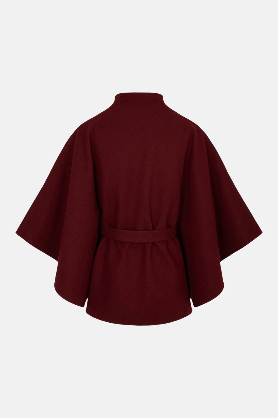 Burgundy wool poncho with high neck and belted waist, back view, solid color, structured silhouette