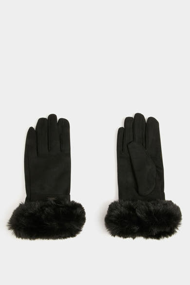 Gants noirs de Morgan de Toi avec bordure en fausse fourrure duveteuse.
