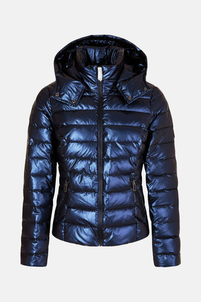 Veste courte bleue brillante de Morgan de Toi avec capuche et fermeture zippée.