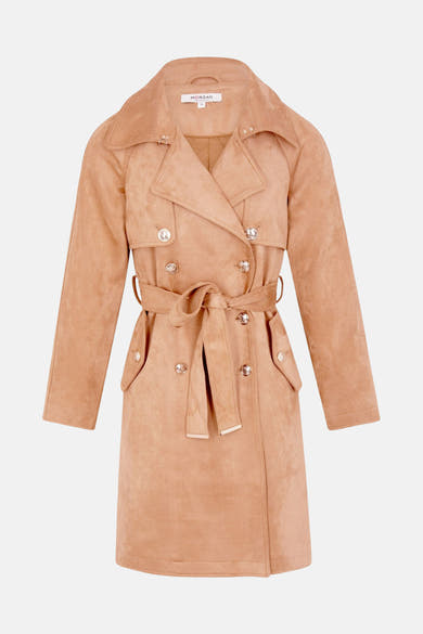 Veste cognac en suédine de Morgan de Toi avec ceinture à nouer et boutons décoratifs.
