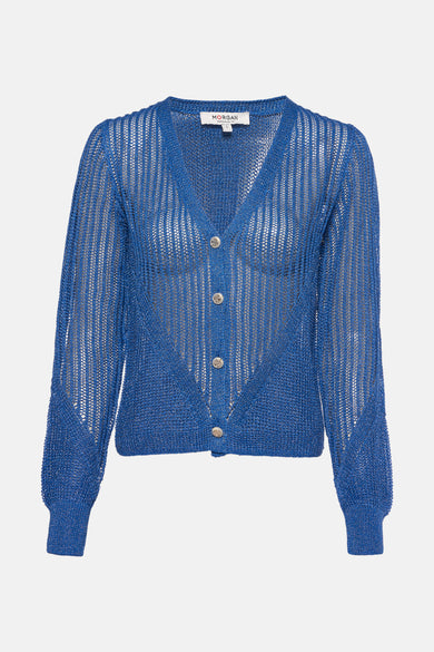 Cardigan bleu en maille ajourée par Morgan de Toi, avec des boutons décoratifs.
