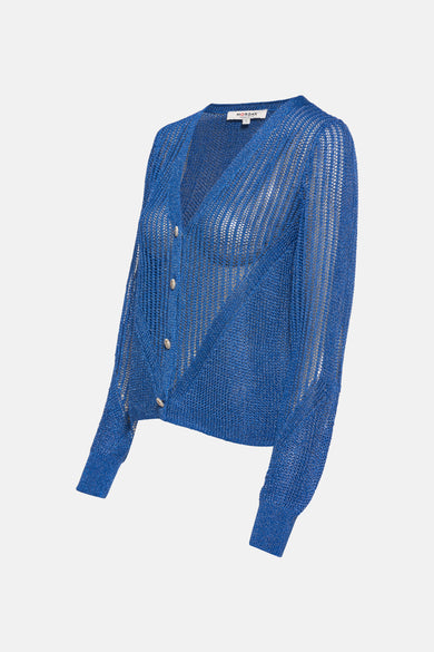Cardigan bleu en maille ajourée de Morgan, avec boutons apparents.