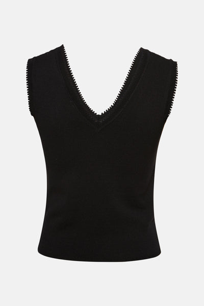 Top noir sans manches by Morgan de Toi, avec encolure en V festonnée.
