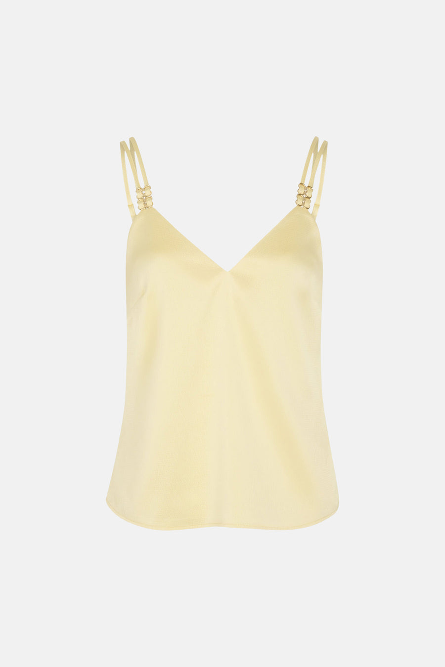 Blouse jaune sans manches de Morgan de Toi, avec des bretelles doubles et des anneaux dorés décoratifs.