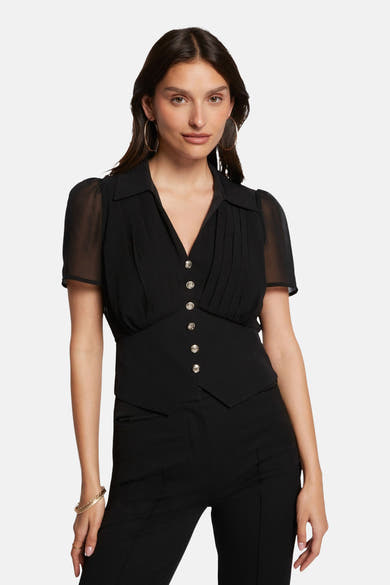 Zwarte blouse met korte mouwen van Morgan de Toi met knopen en decoratieve plooien.