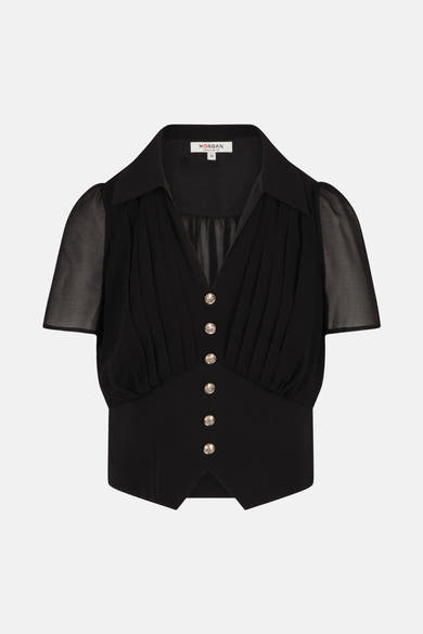 Zwarte blouse met korte mouwen van Morgan de Toi, met kraag, plooien en zilveren knopen.