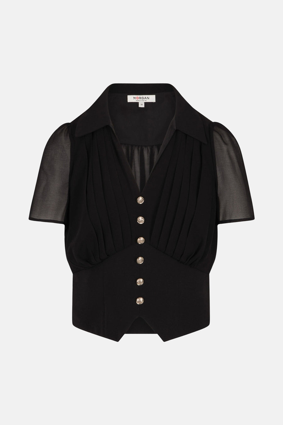 Zwarte blouse met korte mouwen van Morgan de Toi, met kraag, plooien en zilveren knopen.