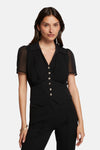 Zwarte blouse met korte mouwen van Morgan de Toi met decoratieve knopen en geplooide afwerkingen.