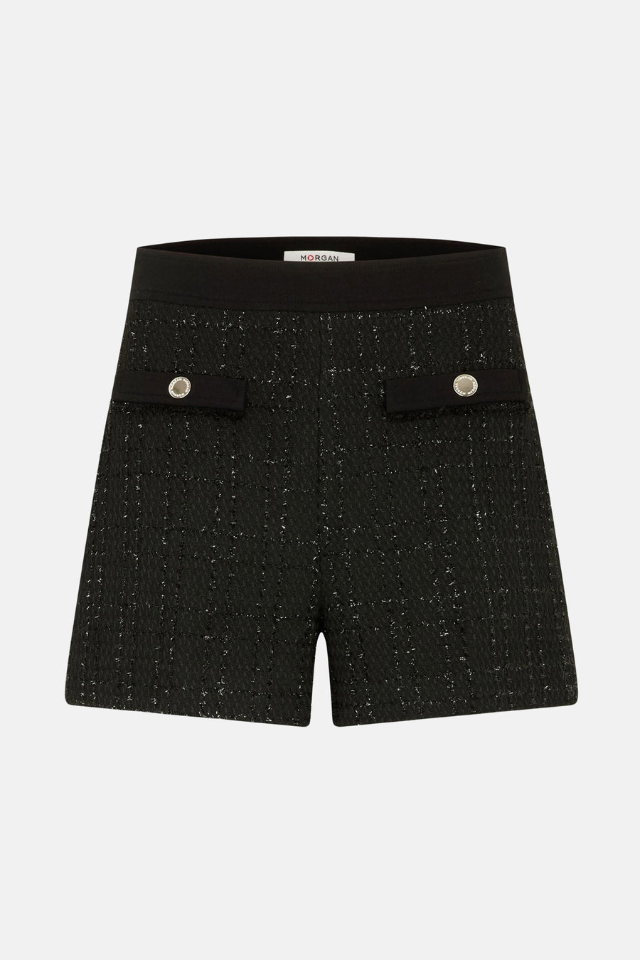 Short noir en tweed de Morgan, avec poches à rabat boutonnées argentées et taille haute élastiquée.