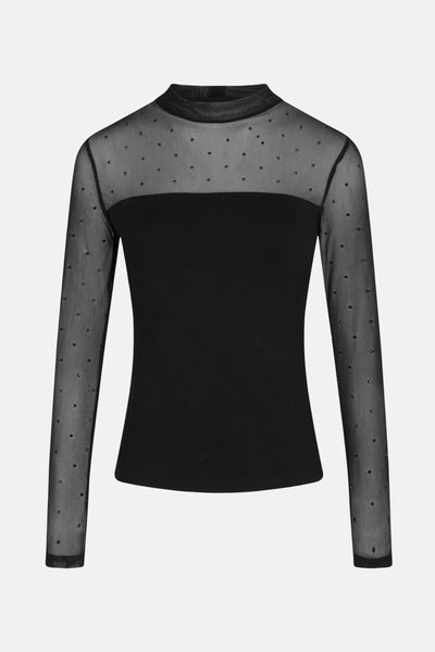 Zwart T-shirt met lange mouwen van Morgan de Toi, met inzetstuk van tule met stippen.