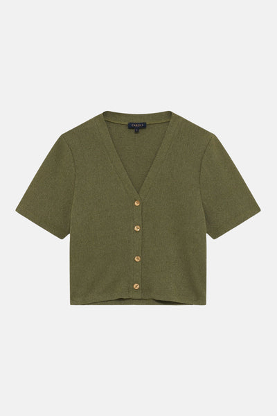 Olive green short-sleeve knit cardigan by Caroll, featuring a V-neck and wooden buttons, front view.