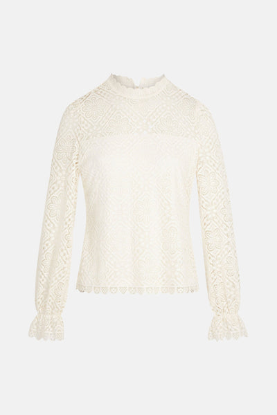 Blouse blanche à manches longues de Morgan de Toi, en dentelle florale avec col montant festonné et ourlet à motifs.
