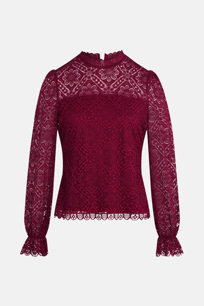 Rode blouse met lange mouwen van kant van Morgan de Toi, met opstaande kraag en geschulpte details.