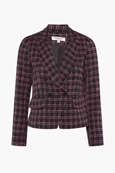 Blazer multicolore par Morgan de Toi, à motif carreaux roses, avec des boutons décoratifs.
