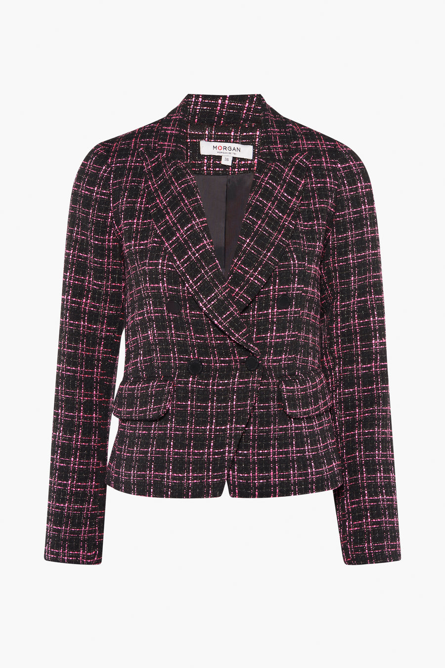Blazer multicolore par Morgan de Toi, à motif carreaux roses, avec des boutons décoratifs.
