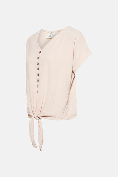 Beige T-shirt met korte mouwen van Terra di Siena, met knopen en een decoratieve strik.